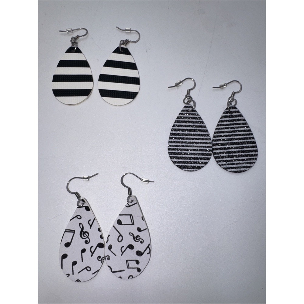 3 Pair Dangle Pierced Earrings Handmade Leather Black White Music Stripes Shiny